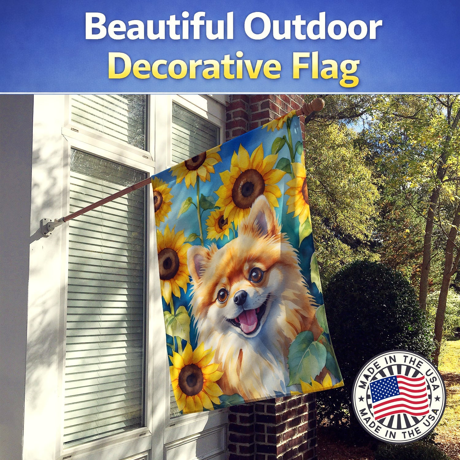 Pomeranian in Sunflowers House Flag 28x40 Porch Sleeve Pole Decorative Outside Yard Banner Artwork Wall Hanging, Polyester