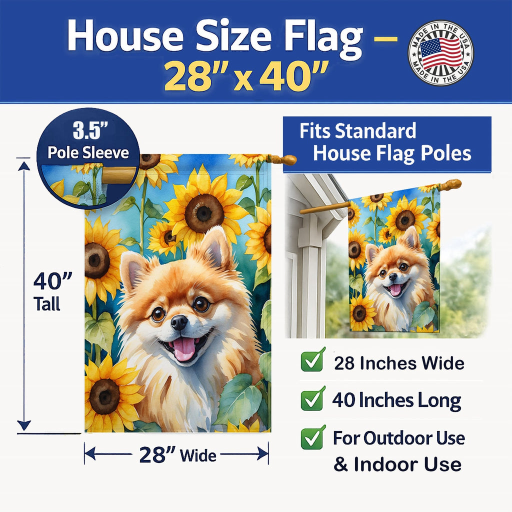Pomeranian in Sunflowers House Flag 28x40 Porch Sleeve Pole Decorative Outside Yard Banner Artwork Wall Hanging, Polyester