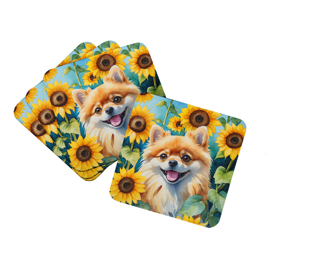 Pomeranian in Sunflowers Foam Coasters Set of 4 Cup Coasters for Indoor Outdoor, Tabletop Protection, Anti Slip, Mouse pad Material