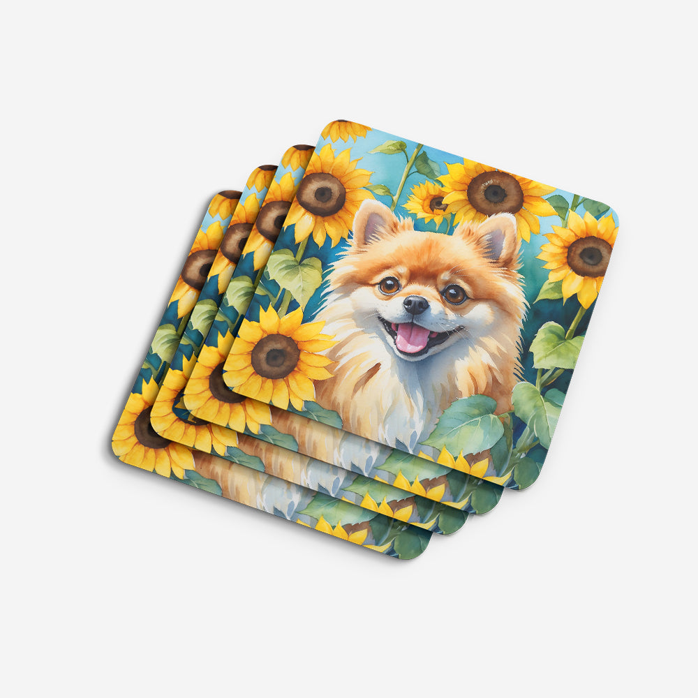 Pomeranian in Sunflowers Foam Coasters Set of 4 Cup Coasters for Indoor Outdoor, Tabletop Protection, Anti Slip, Mouse pad Material