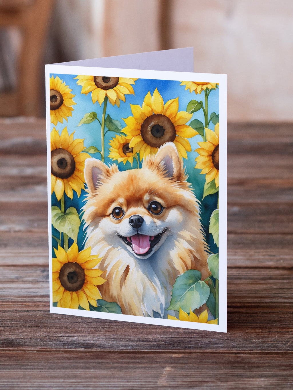 Pomeranian in Sunflowers Greeting Cards Pack of 8 Blank Cards with Envelopes Whimsical A7 Size 5x7