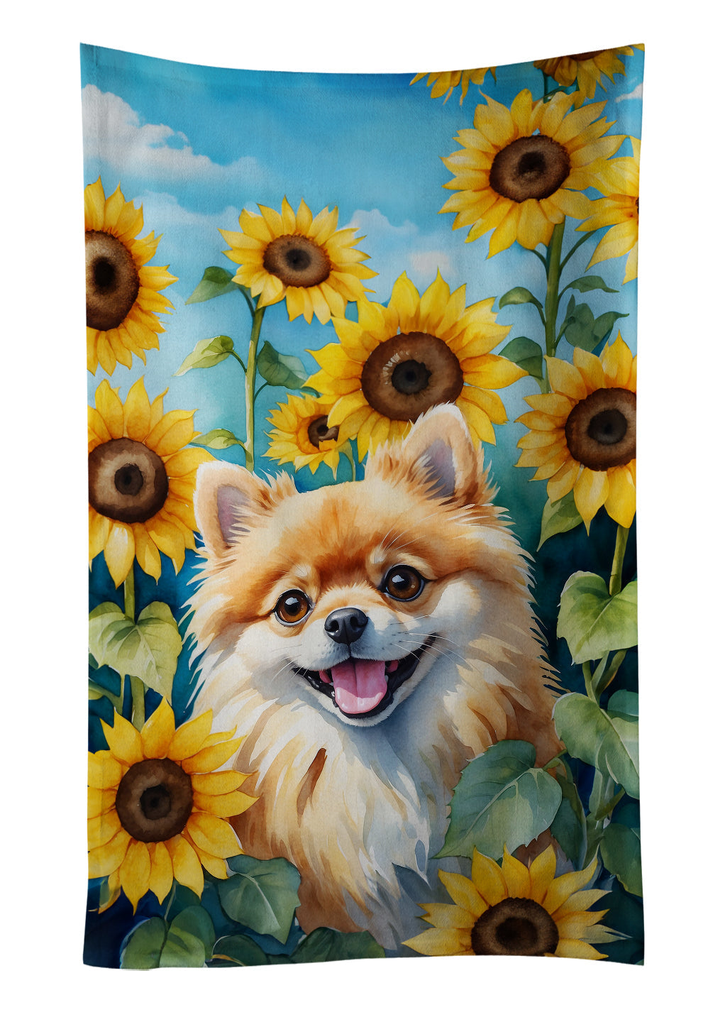 Pomeranian in Sunflowers Kitchen Towel Velour Plush Front and Cotton Loop Back Machine Washable