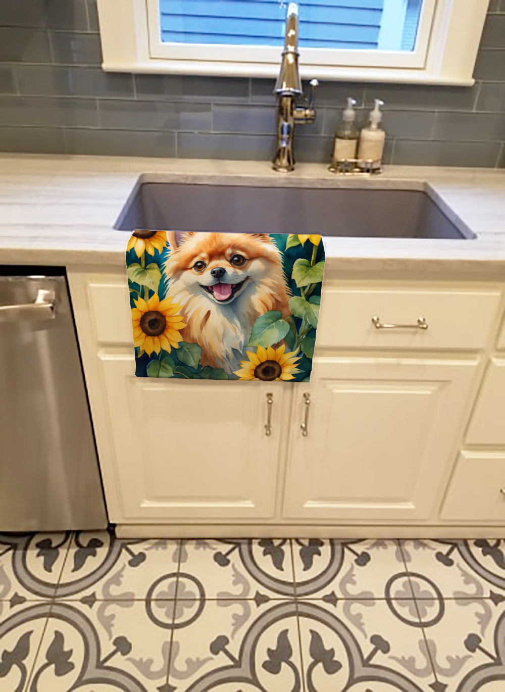 Pomeranian in Sunflowers Kitchen Towel Velour Plush Front and Cotton Loop Back Machine Washable