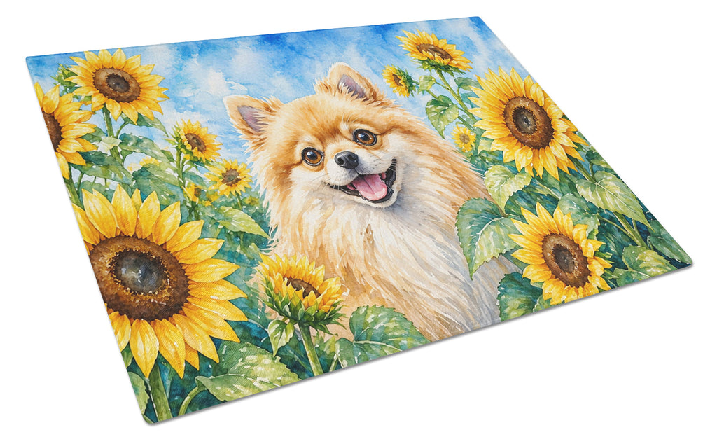 Pomeranian in Sunflowers Cutting Board Tempered Glass Kitchen Cutting Surface, Heat Resistant Chopping Board with Non-Slip Feet, Decorative Food Prep & Serving