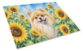 Pomeranian in Sunflowers Cutting Board Tempered Glass Kitchen Cutting Surface, Heat Resistant Chopping Board with Non-Slip Feet, Decorative Food Prep & Serving