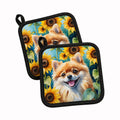Pomeranian in Sunflowers Pot Holder Set of 2 Heat Resistant Quilted Hot Pads 7.5 x 7.5 Inch, Insulated Kitchen Trivets for Cooking & Baking