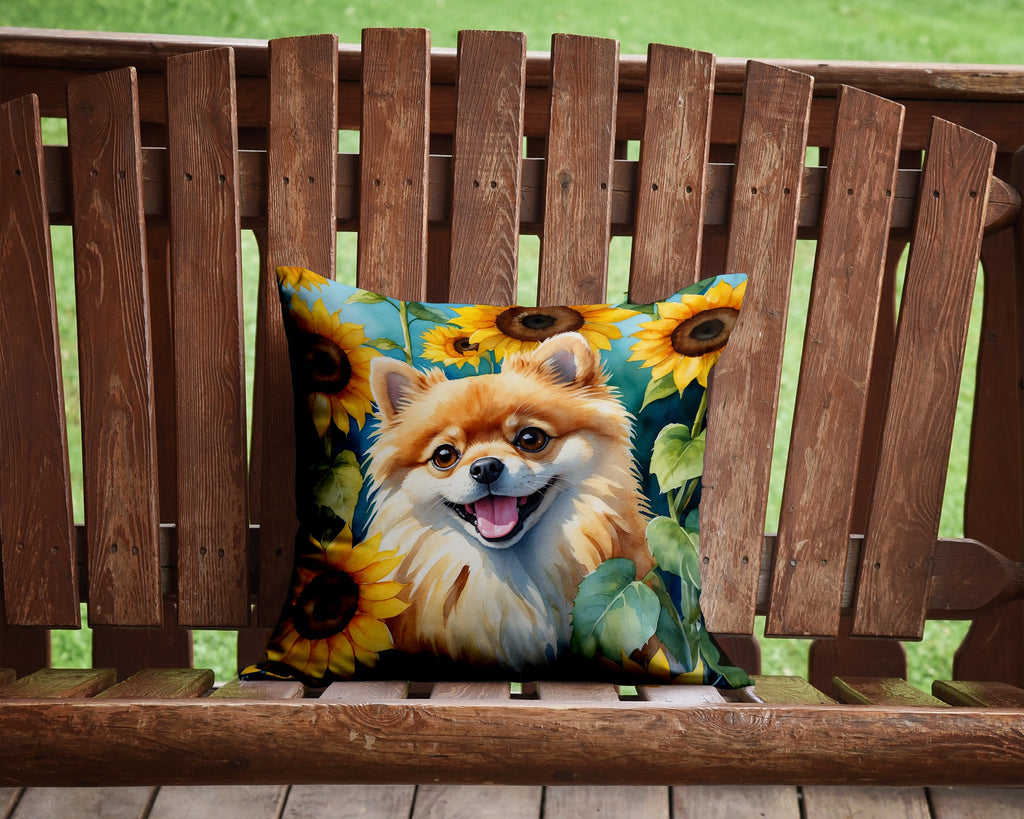 Pomeranian in Sunflowers Decorative Throw Pillow 14x14 Indoor Outdoor Accent Cushion, Fabric Cover with Insert for Sofa, Bed, Porch & Living Room