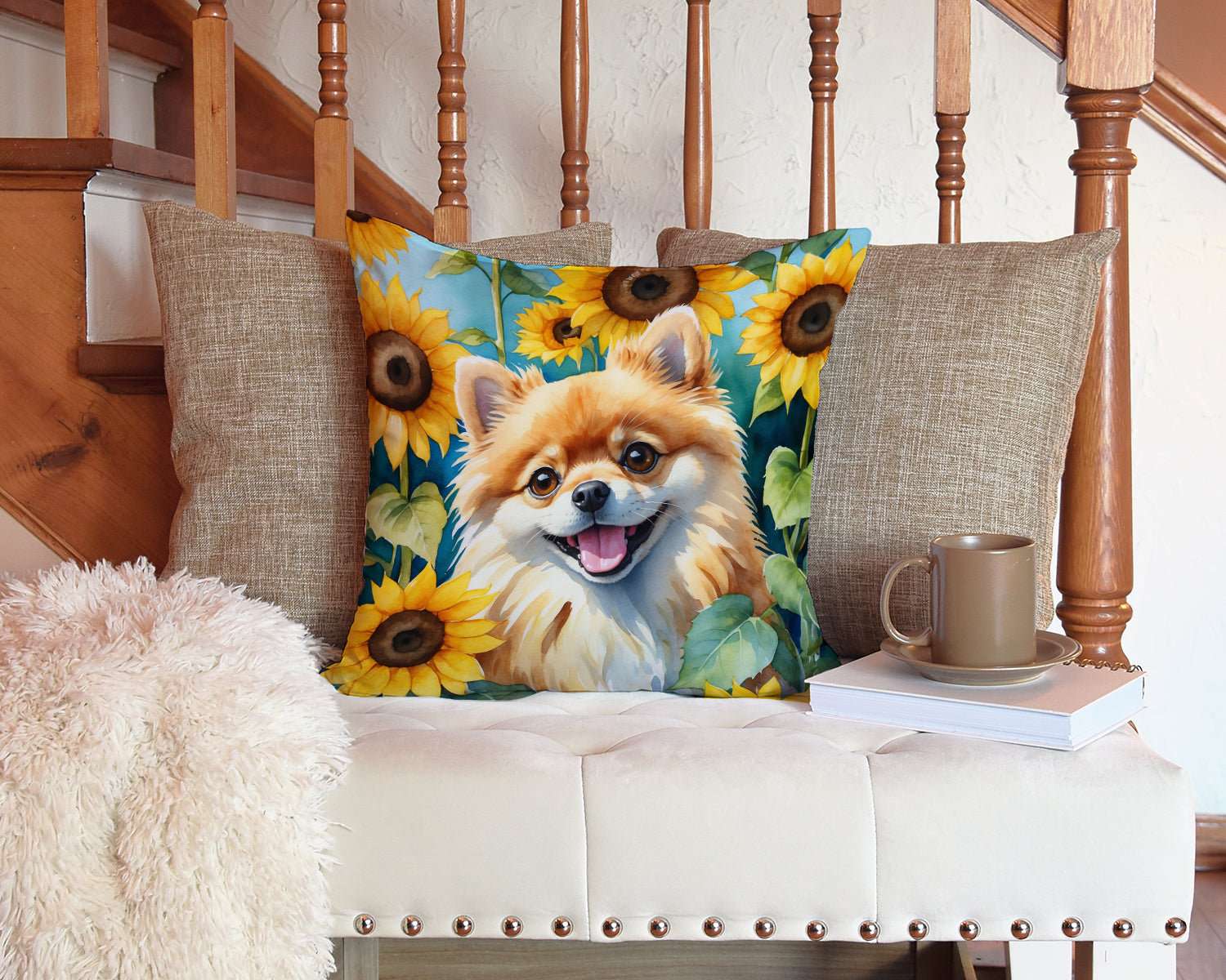 Pomeranian in Sunflowers Decorative Throw Pillow 14x14 Indoor Outdoor Accent Cushion, Fabric Cover with Insert for Sofa, Bed, Porch & Living Room