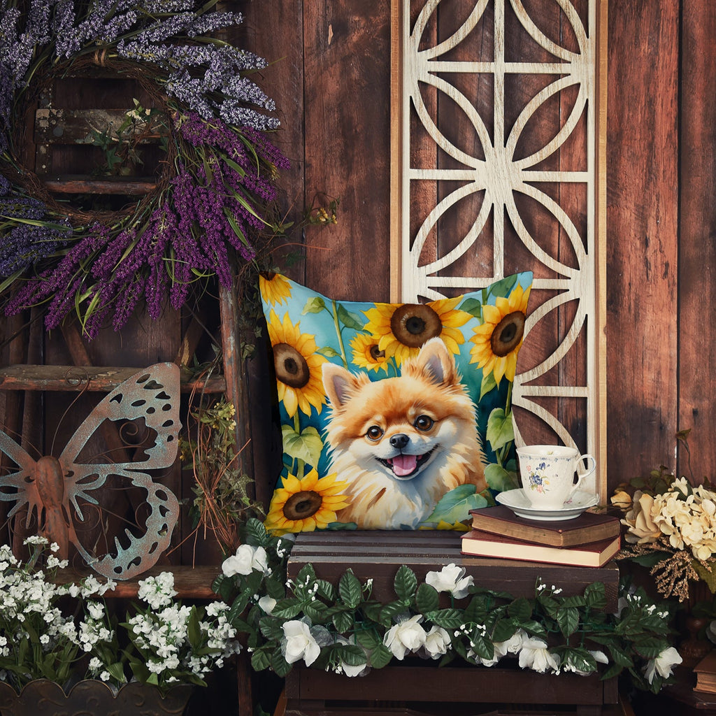 Pomeranian in Sunflowers Decorative Throw Pillow 14x14 Indoor Outdoor Accent Cushion, Fabric Cover with Insert for Sofa, Bed, Porch & Living Room