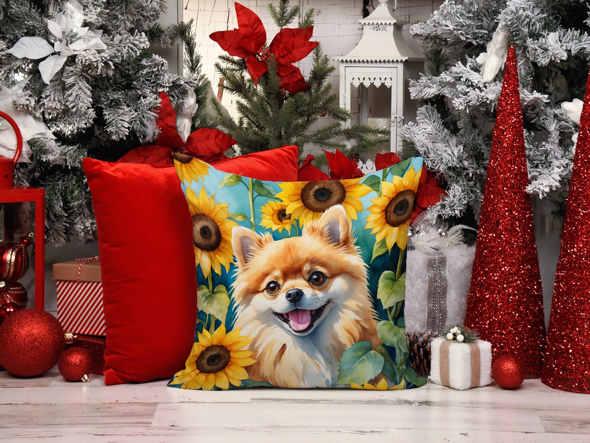 Pomeranian in Sunflowers Decorative Throw Pillow 14x14 Indoor Outdoor Accent Cushion, Fabric Cover with Insert for Sofa, Bed, Porch & Living Room