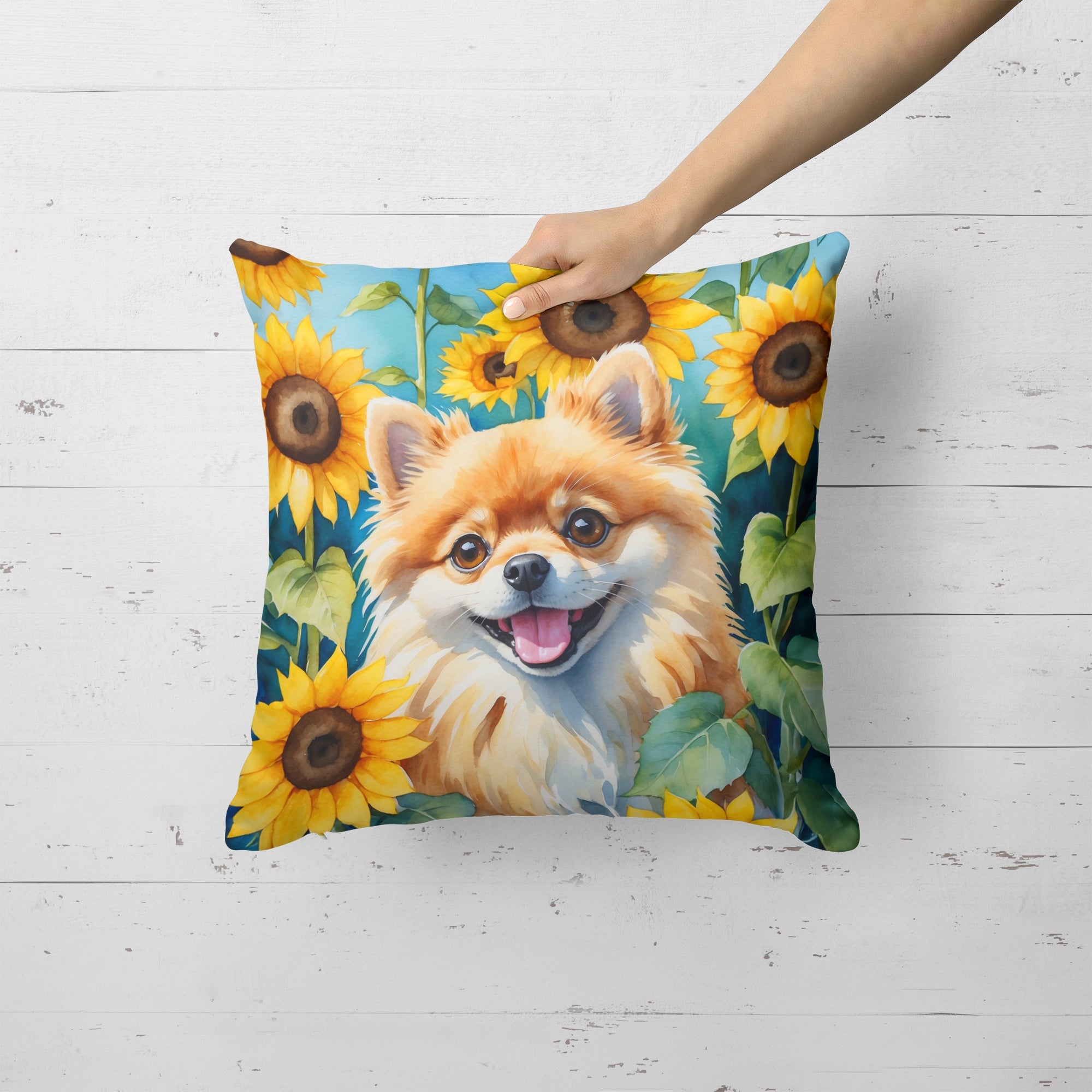 Pomeranian in Sunflowers Decorative Throw Pillow 18x18 Indoor Outdoor Accent Cushion, Fabric Cover with Insert for Sofa, Bed, Porch & Living Room