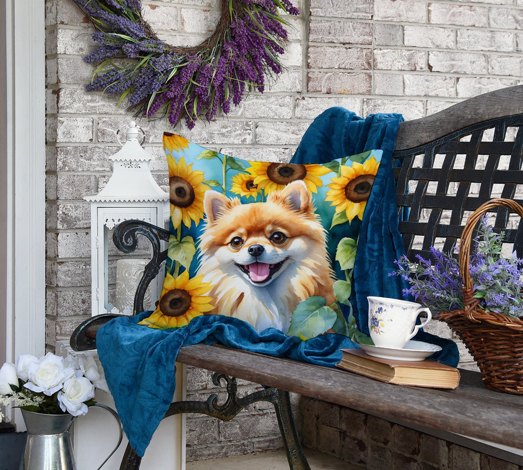 Pomeranian in Sunflowers Decorative Throw Pillow 18x18 Indoor Outdoor Accent Cushion, Fabric Cover with Insert for Sofa, Bed, Porch & Living Room