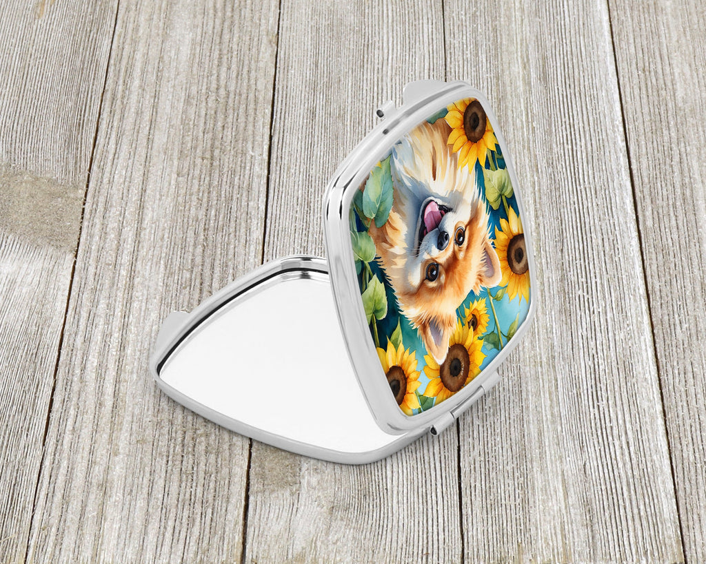 Pomeranian in Sunflowers Compact Mirror Decorative Travel Makeup Mirror for Women Girls Gifts Pocket Makeup Mirror Folding Handheld