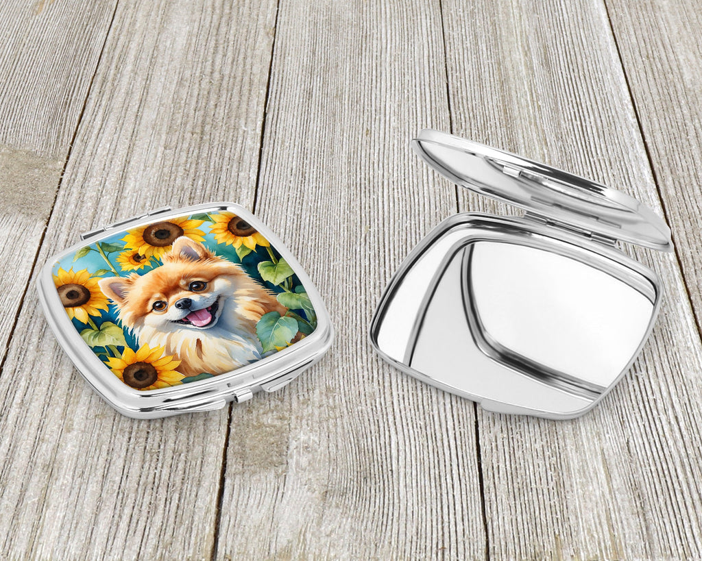Pomeranian in Sunflowers Compact Mirror Decorative Travel Makeup Mirror for Women Girls Gifts Pocket Makeup Mirror Folding Handheld