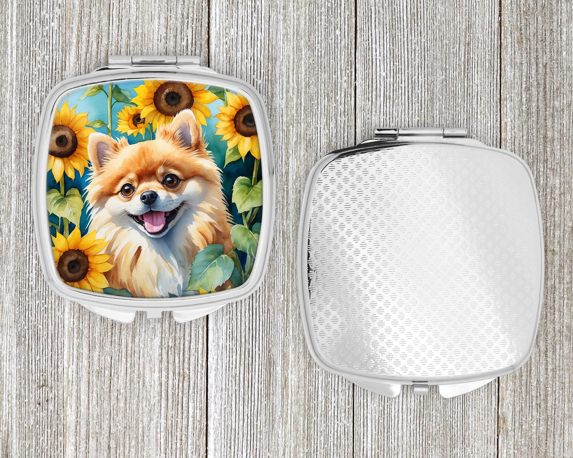 Pomeranian in Sunflowers Compact Mirror Decorative Travel Makeup Mirror for Women Girls Gifts Pocket Makeup Mirror Folding Handheld
