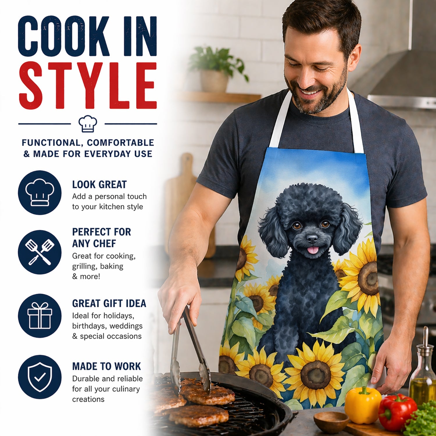 Black Poodle in Sunflowers Apron Cooking Kitchen Server Baking Crafts Gardening for Adult Women Men, Unisex, Large, Multicolor