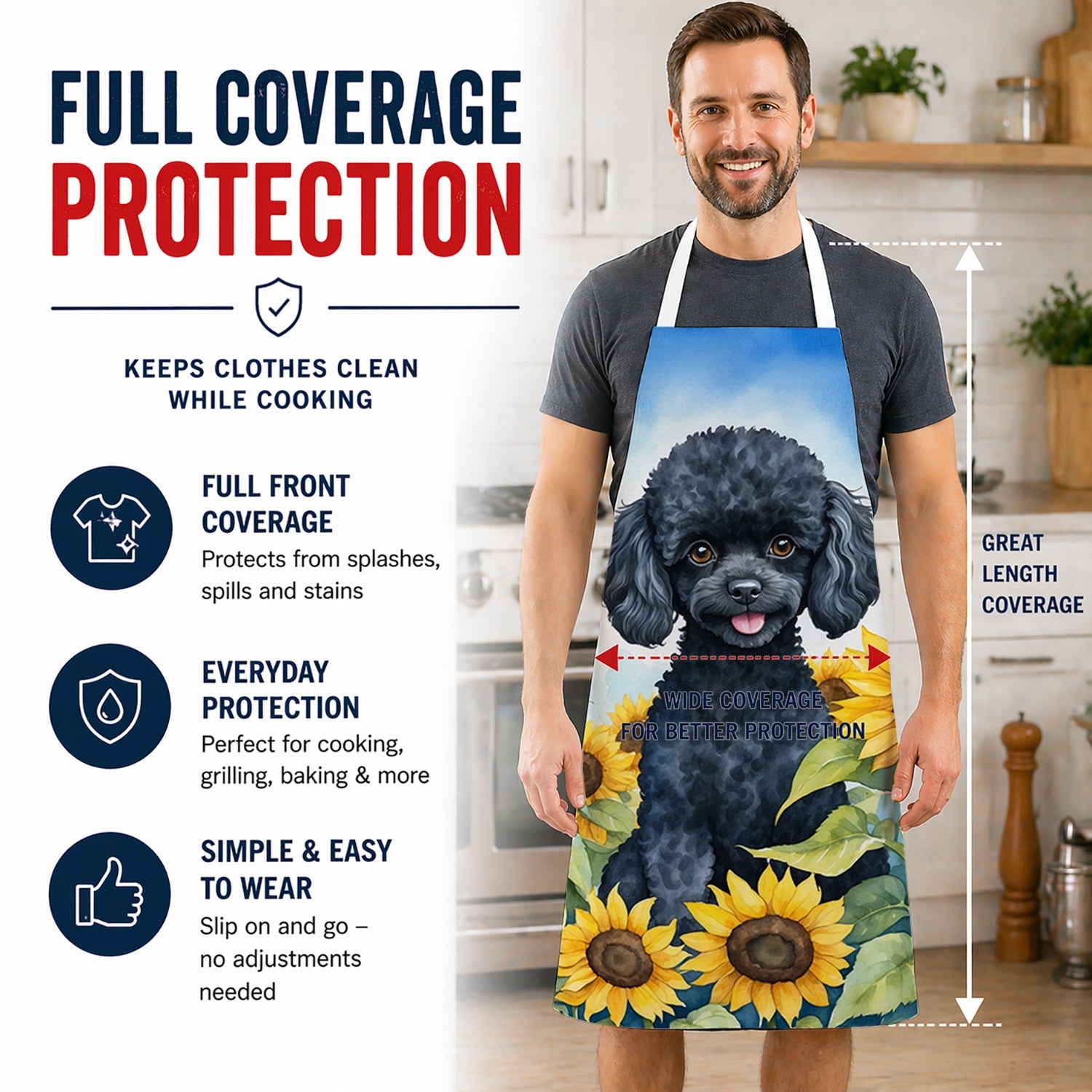 Black Poodle in Sunflowers Apron Cooking Kitchen Server Baking Crafts Gardening for Adult Women Men, Unisex, Large, Multicolor
