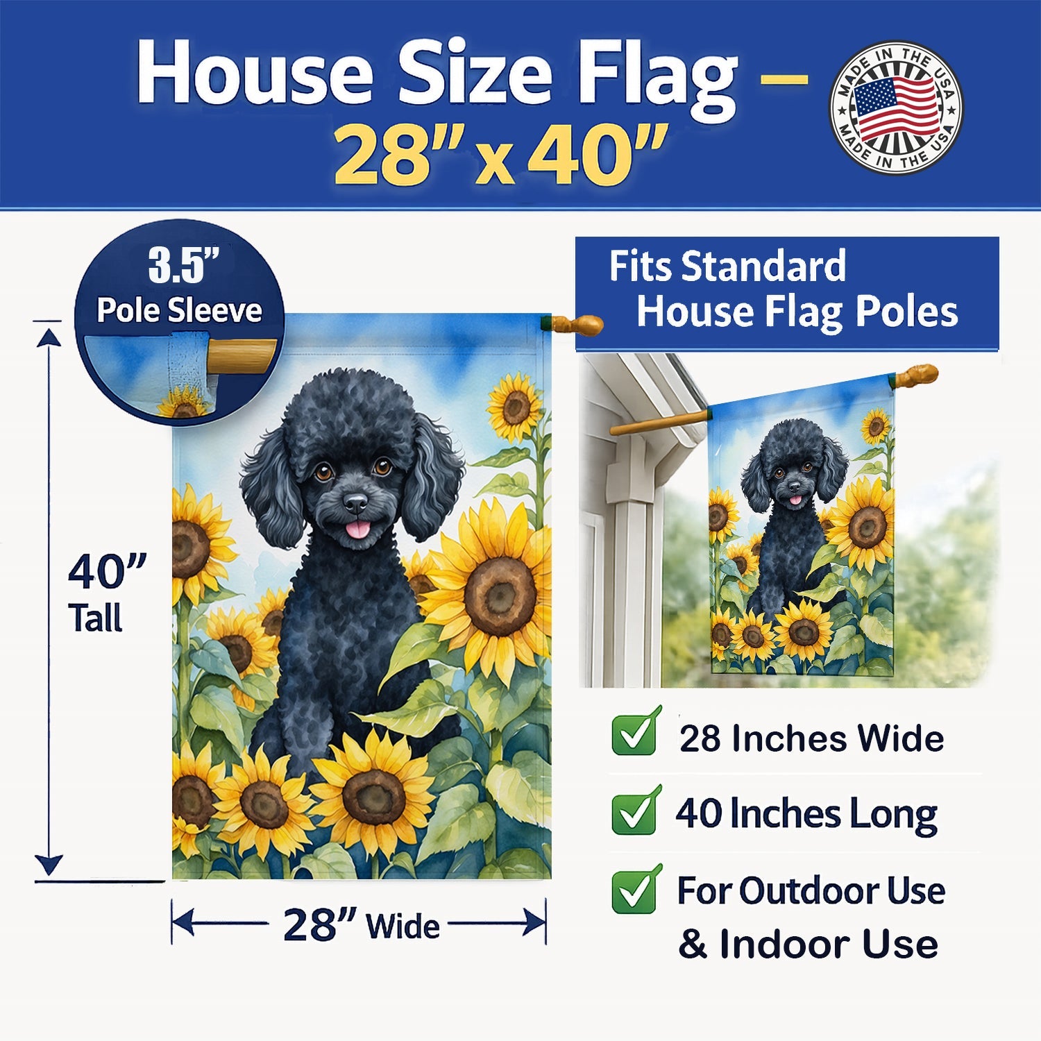 Black Poodle in Sunflowers House Flag 28x40 Porch Sleeve Pole Decorative Outside Yard Banner Artwork Wall Hanging, Polyester