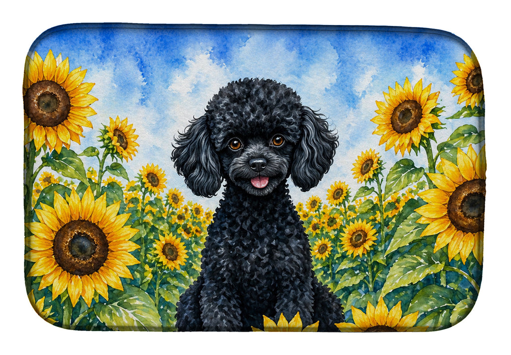 Black Poodle in Sunflowers Dish Drying Mat Absorbent Dish Drying Mat Pad for Kitchen Counter Dish Drainer Mat for Countertop, 14 x 21", Multicolor