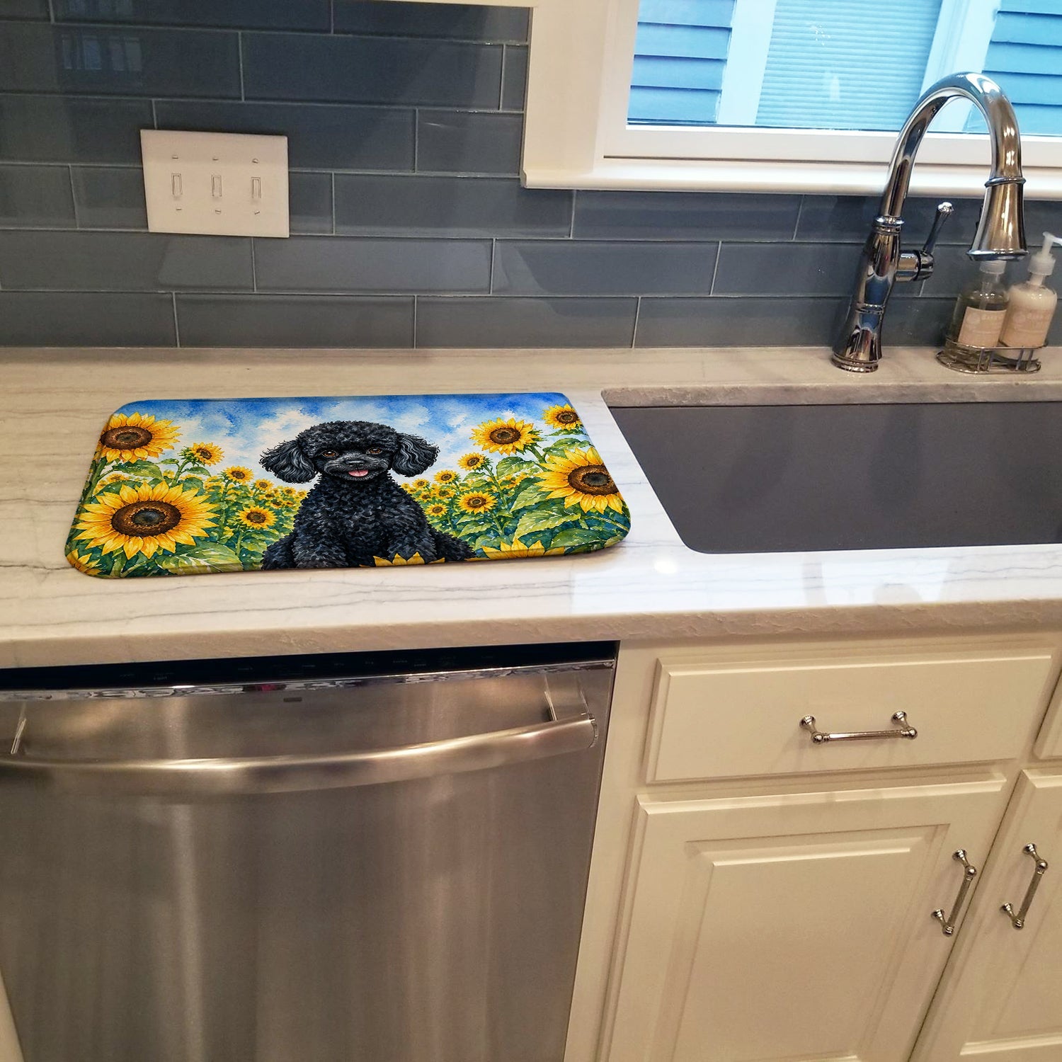 Black Poodle in Sunflowers Dish Drying Mat Absorbent Dish Drying Mat Pad for Kitchen Counter Dish Drainer Mat for Countertop, 14 x 21", Multicolor