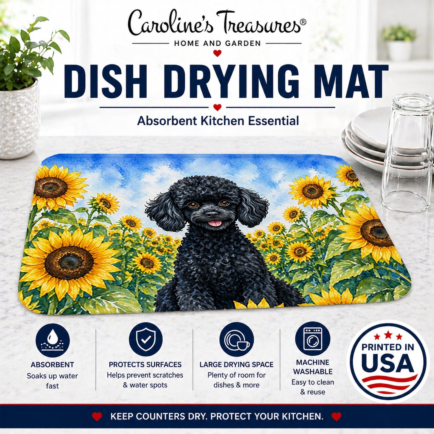 Black Poodle in Sunflowers Dish Drying Mat Absorbent Dish Drying Mat Pad for Kitchen Counter Dish Drainer Mat for Countertop, 14 x 21", Multicolor