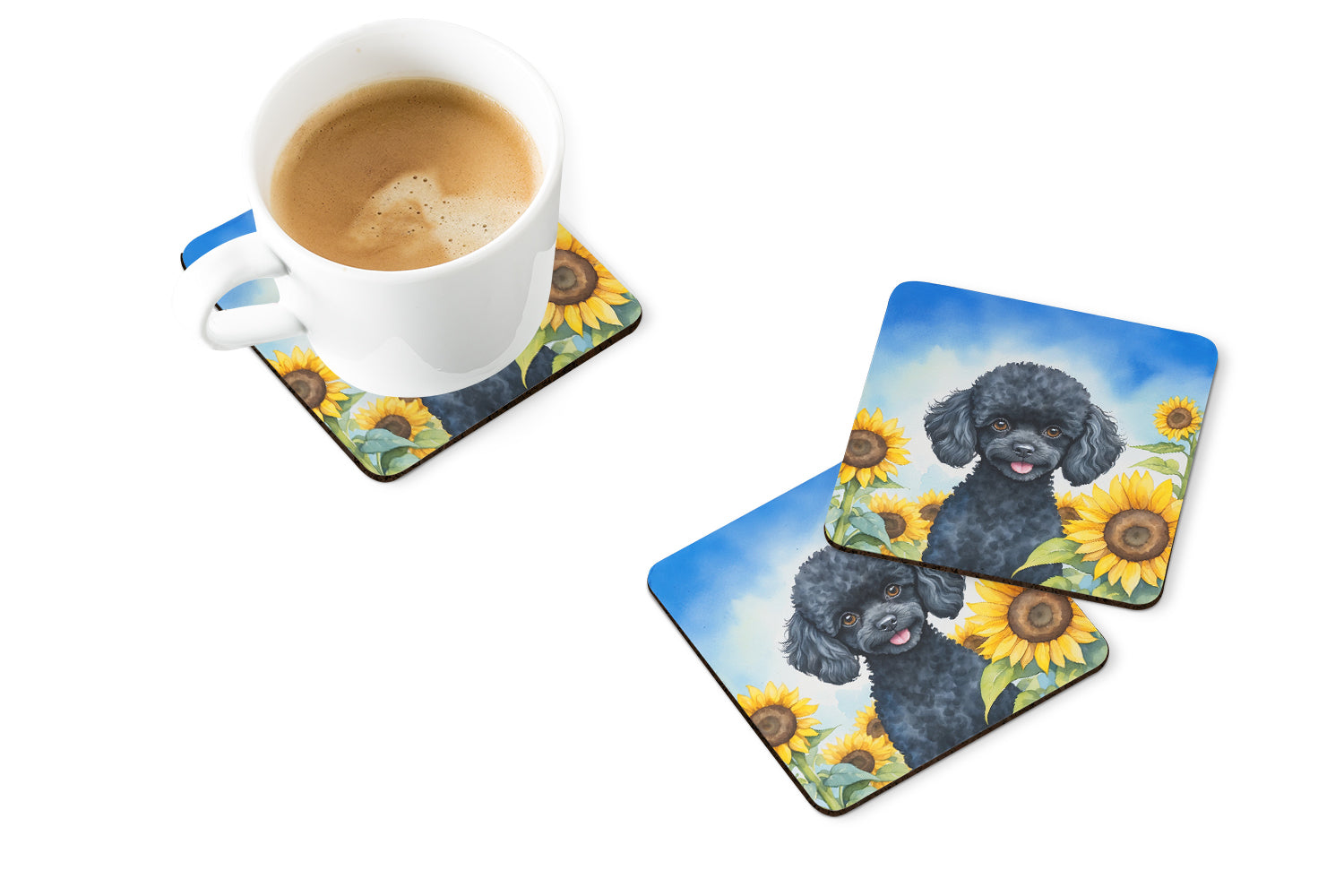 Black Poodle in Sunflowers Foam Coasters Set of 4 Cup Coasters for Indoor Outdoor, Tabletop Protection, Anti Slip, Mouse pad Material
