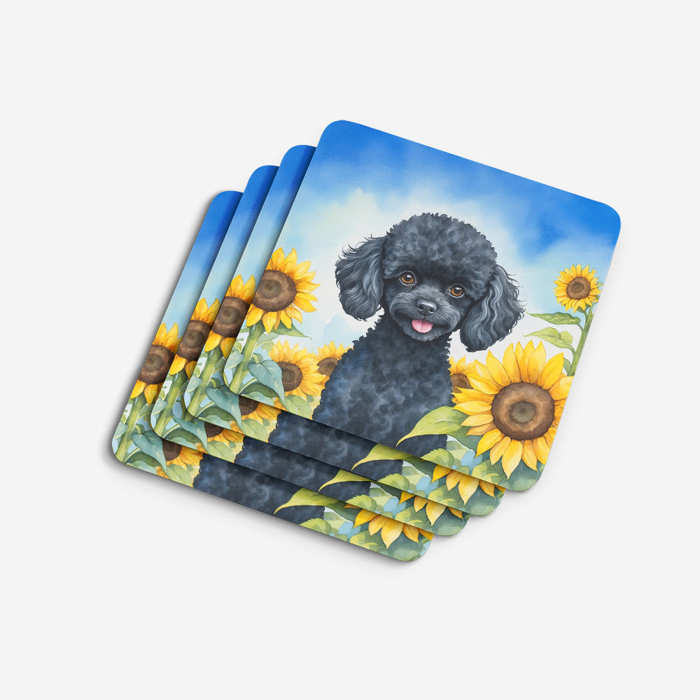 Black Poodle in Sunflowers Foam Coasters Set of 4 Cup Coasters for Indoor Outdoor, Tabletop Protection, Anti Slip, Mouse pad Material