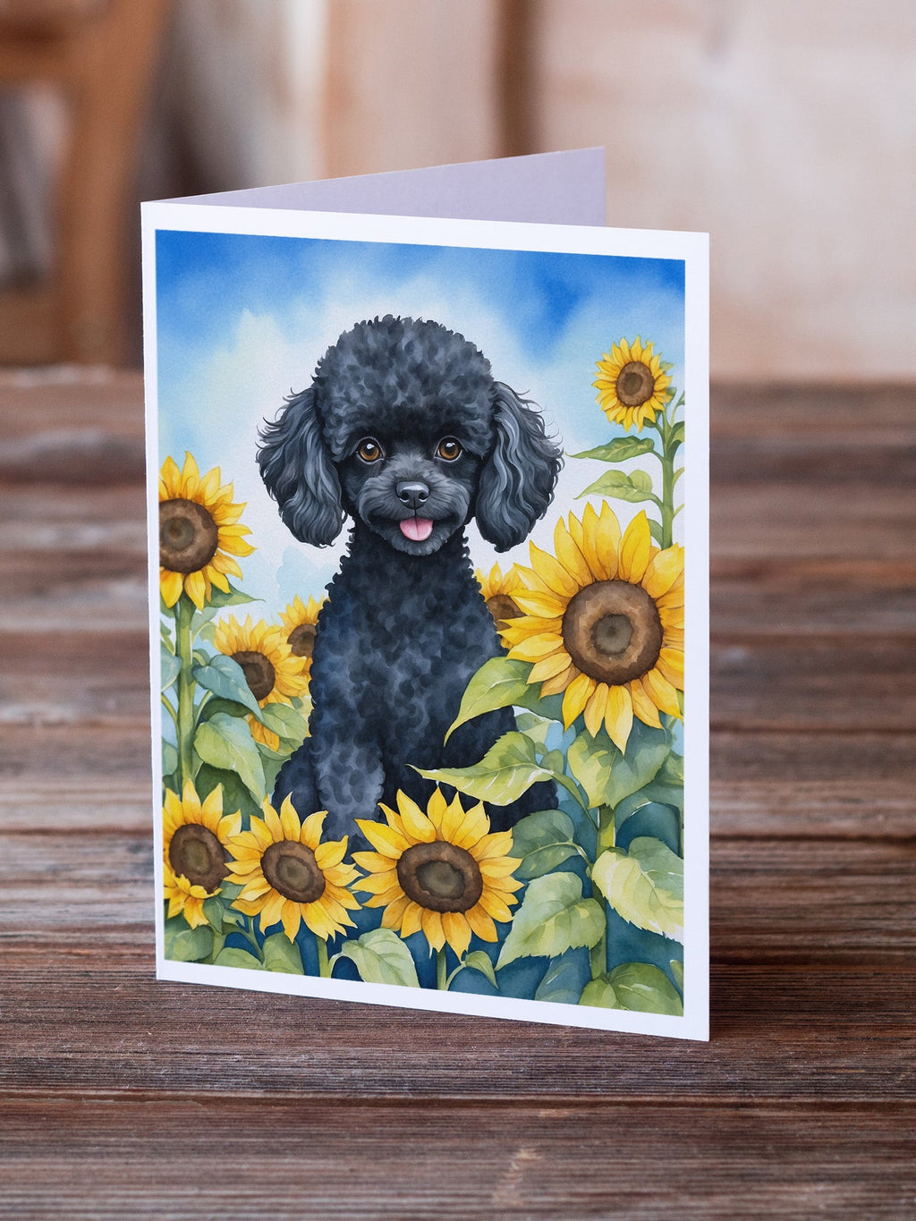 Black Poodle in Sunflowers Greeting Cards Pack of 8 Blank Cards with Envelopes Whimsical A7 Size 5x7