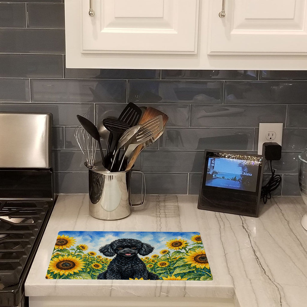 Black Poodle in Sunflowers Cutting Board Tempered Glass Kitchen Cutting Surface, Heat Resistant Chopping Board with Non-Slip Feet, Decorative Food Prep & Serving