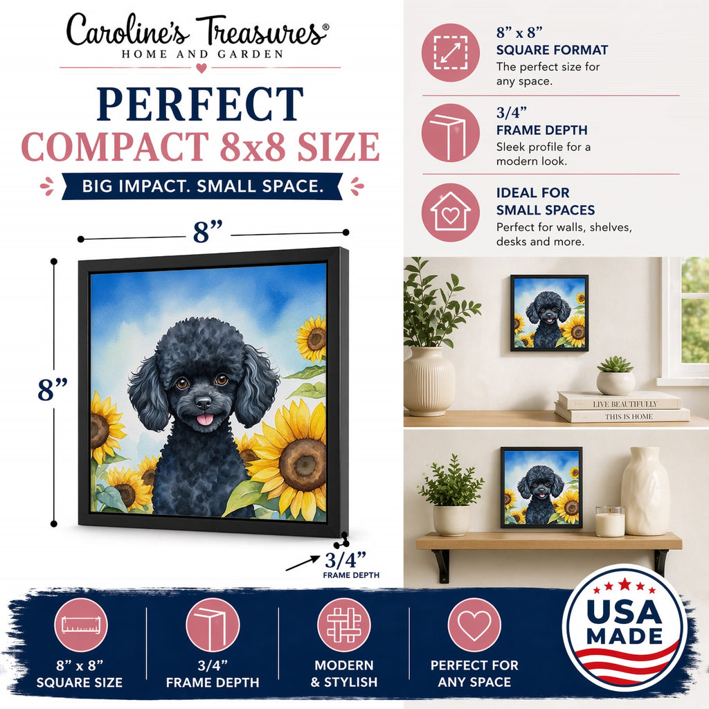 Black Poodle in Sunflowers Framed Metal Print Bathroom, Kitchen, Office, Home Decor Wall Art Ready to Hang, Square, 8X8