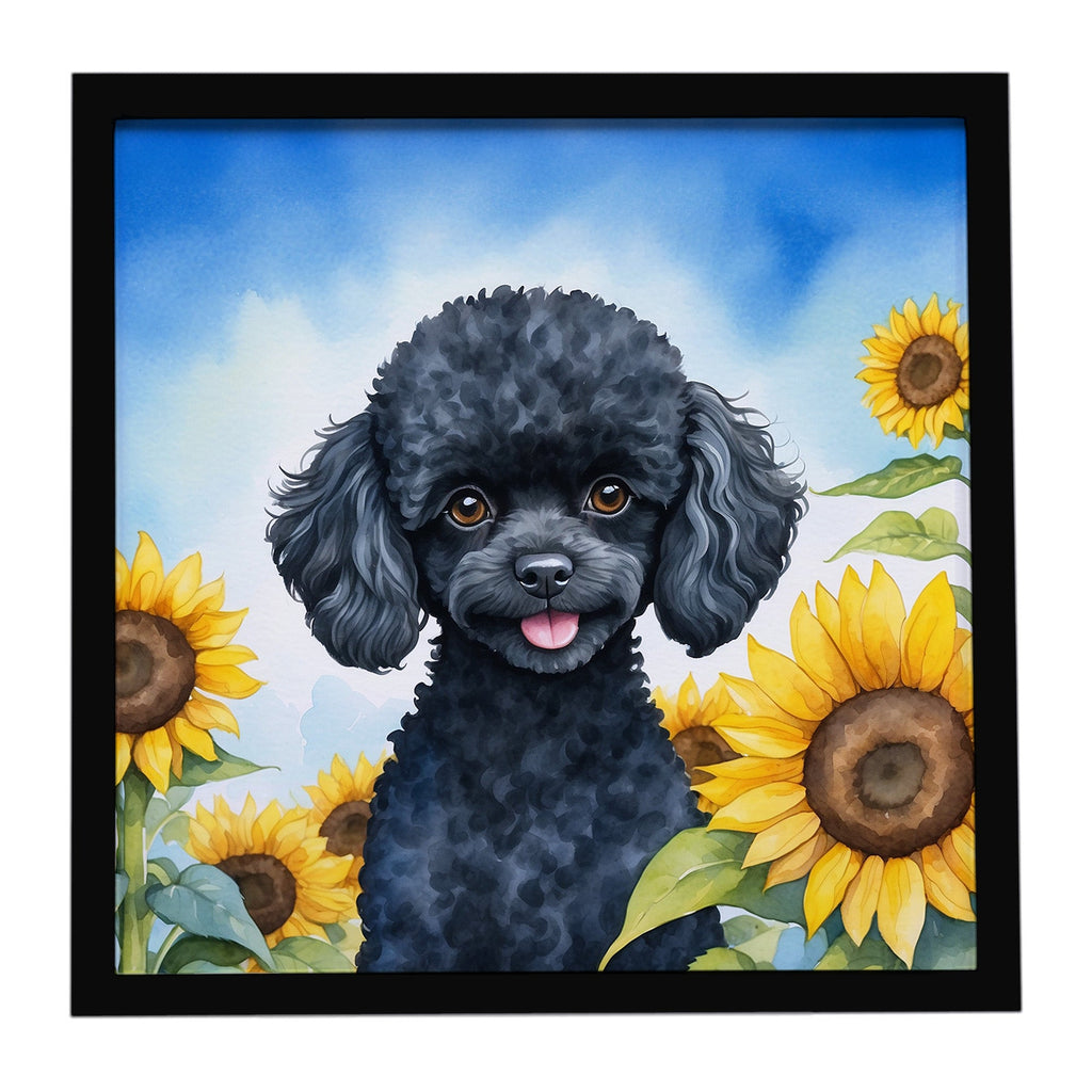 Black Poodle in Sunflowers Framed Metal Print Bathroom, Kitchen, Office, Home Decor Wall Art Ready to Hang, Square, 8X8