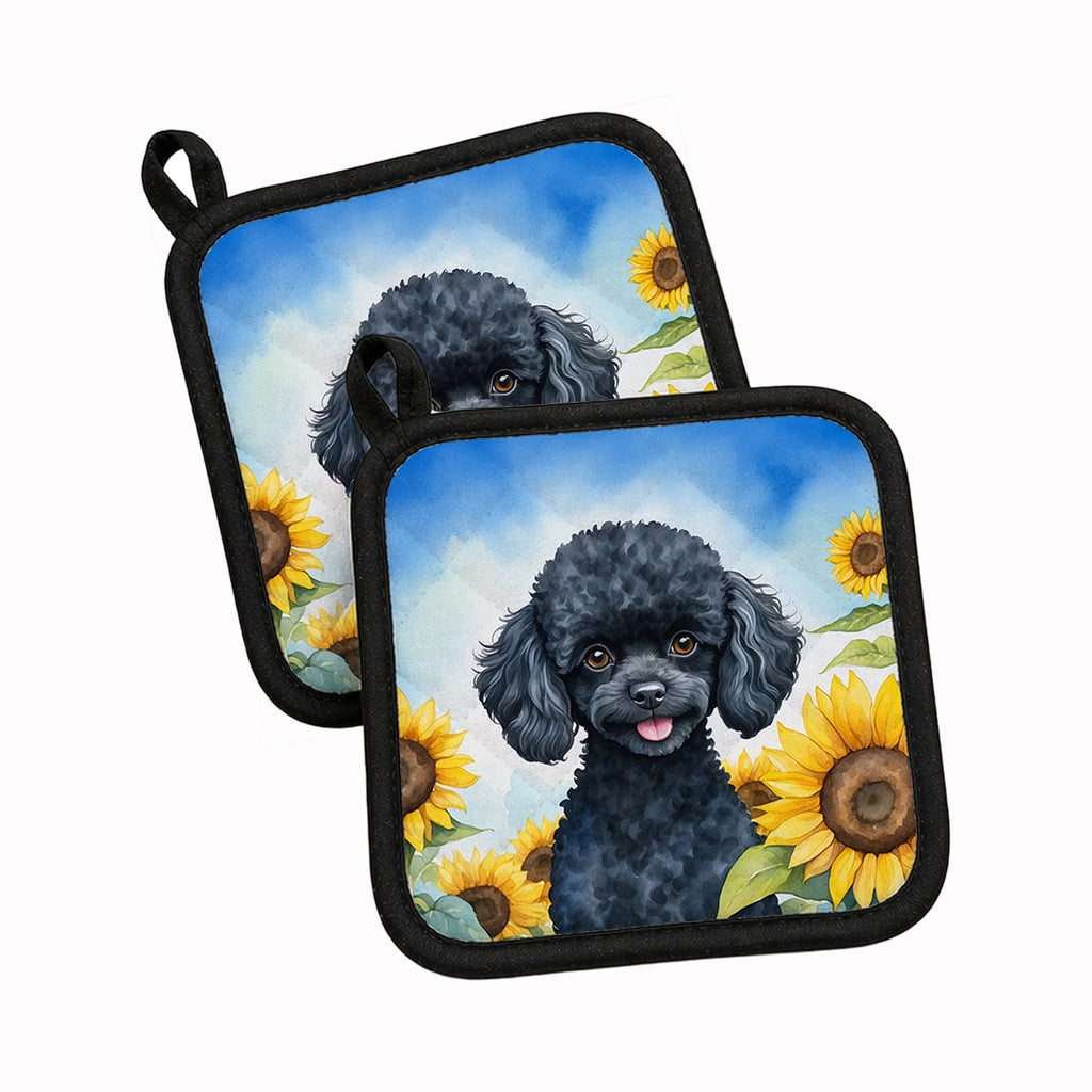 Black Poodle in Sunflowers Pot Holder Set of 2 Heat Resistant Quilted Hot Pads 7.5 x 7.5 Inch, Insulated Kitchen Trivets for Cooking & Baking