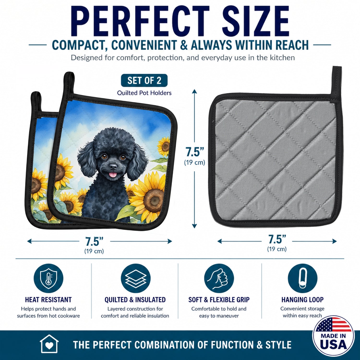 Black Poodle in Sunflowers Pot Holder Set of 2 Heat Resistant Quilted Hot Pads 7.5 x 7.5 Inch, Insulated Kitchen Trivets for Cooking & Baking