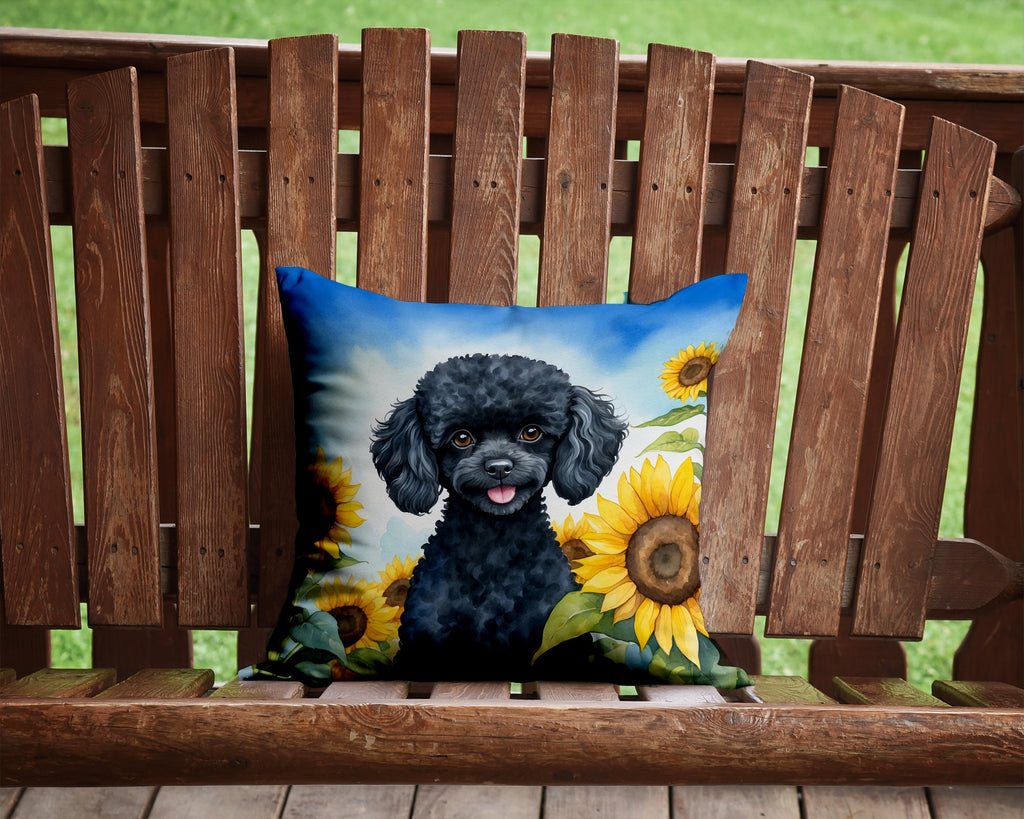 Black Poodle in Sunflowers Decorative Throw Pillow 14x14 Indoor Outdoor Accent Cushion, Fabric Cover with Insert for Sofa, Bed, Porch & Living Room