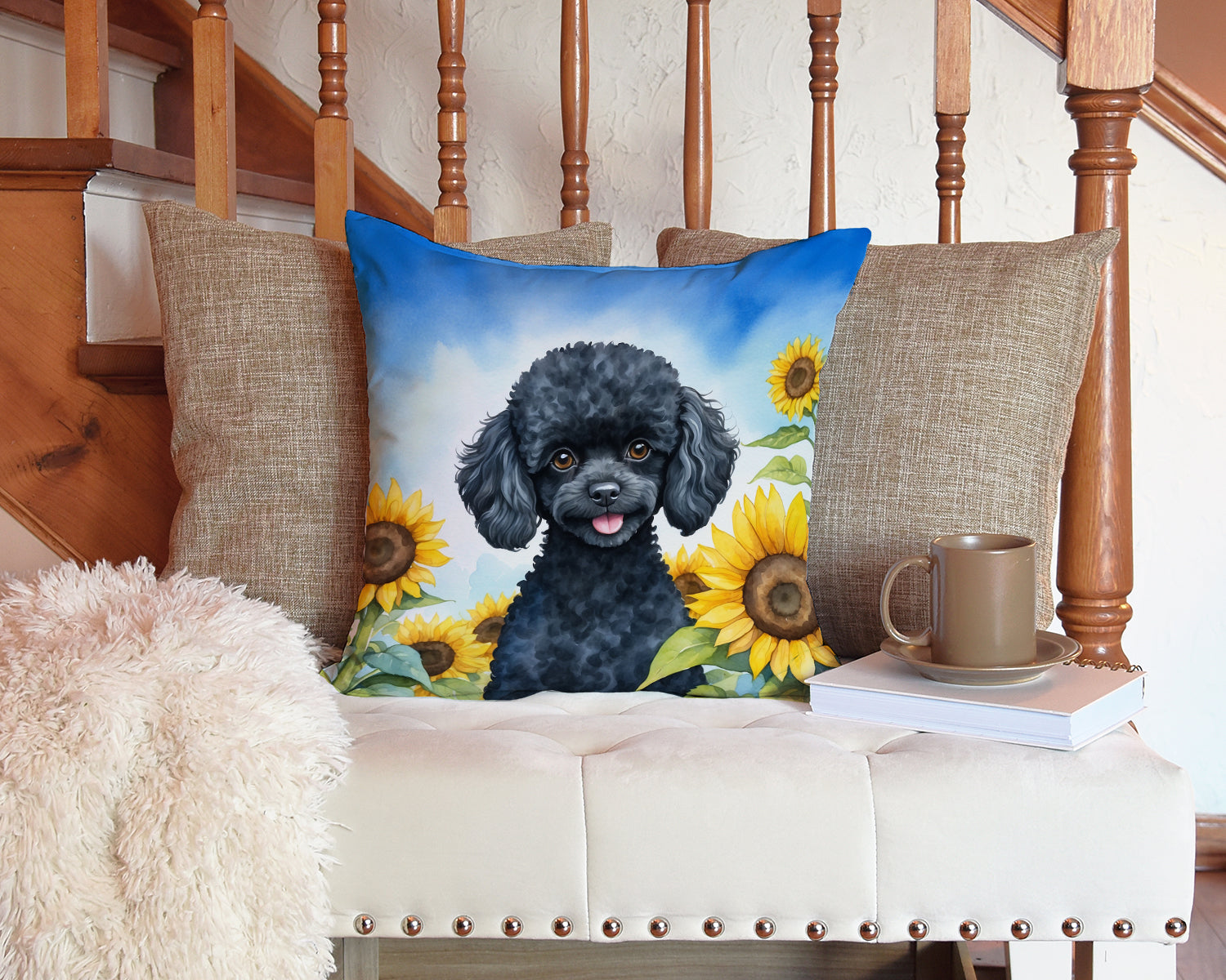 Black Poodle in Sunflowers Decorative Throw Pillow 14x14 Indoor Outdoor Accent Cushion, Fabric Cover with Insert for Sofa, Bed, Porch & Living Room