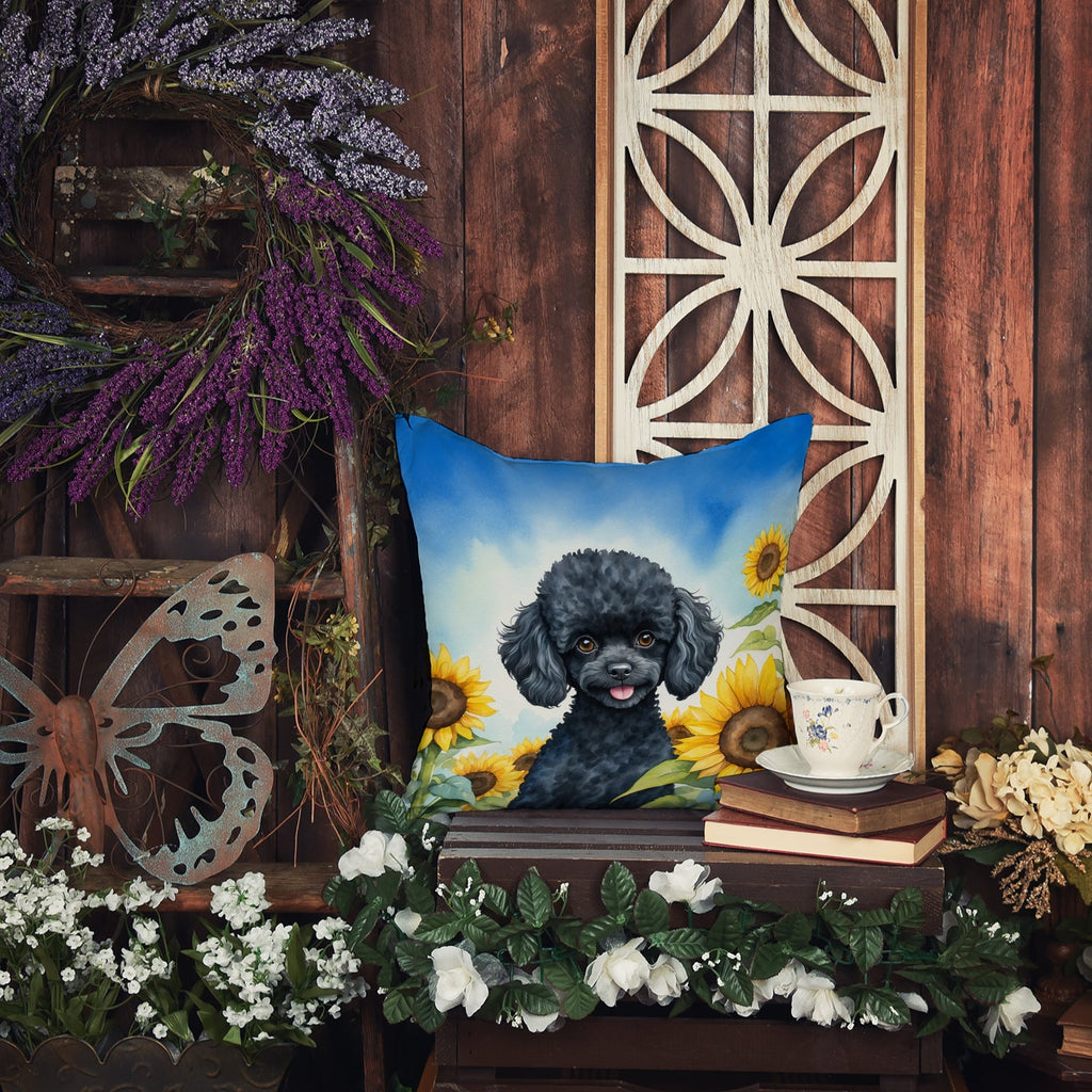 Black Poodle in Sunflowers Decorative Throw Pillow 14x14 Indoor Outdoor Accent Cushion, Fabric Cover with Insert for Sofa, Bed, Porch & Living Room