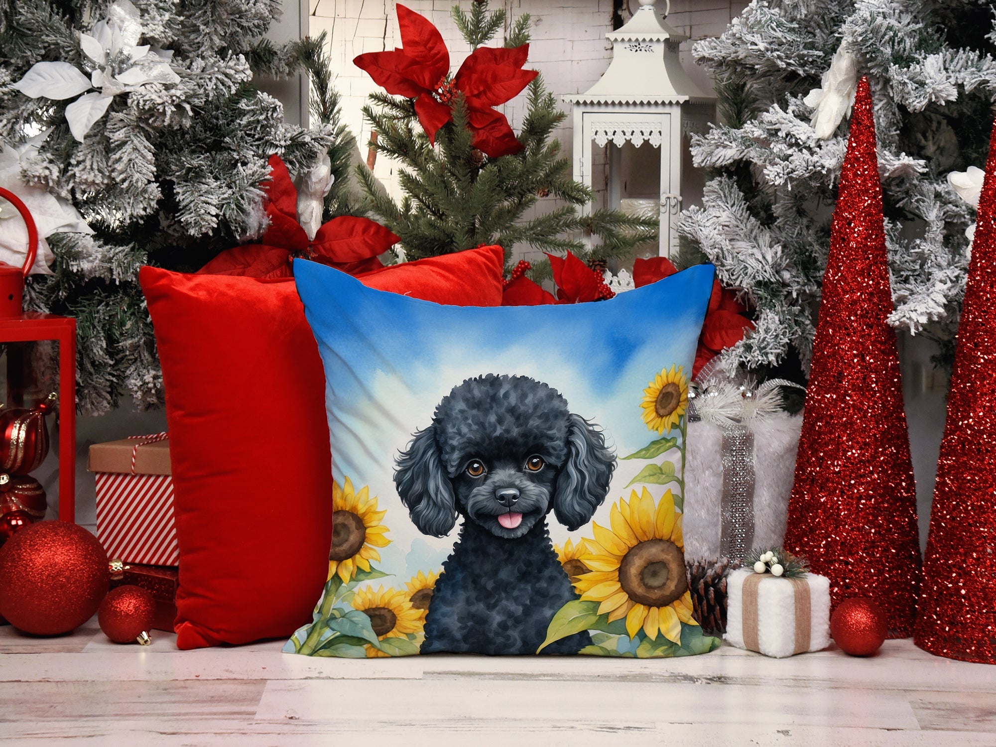 Black Poodle in Sunflowers Decorative Throw Pillow 14x14 Indoor Outdoor Accent Cushion, Fabric Cover with Insert for Sofa, Bed, Porch & Living Room