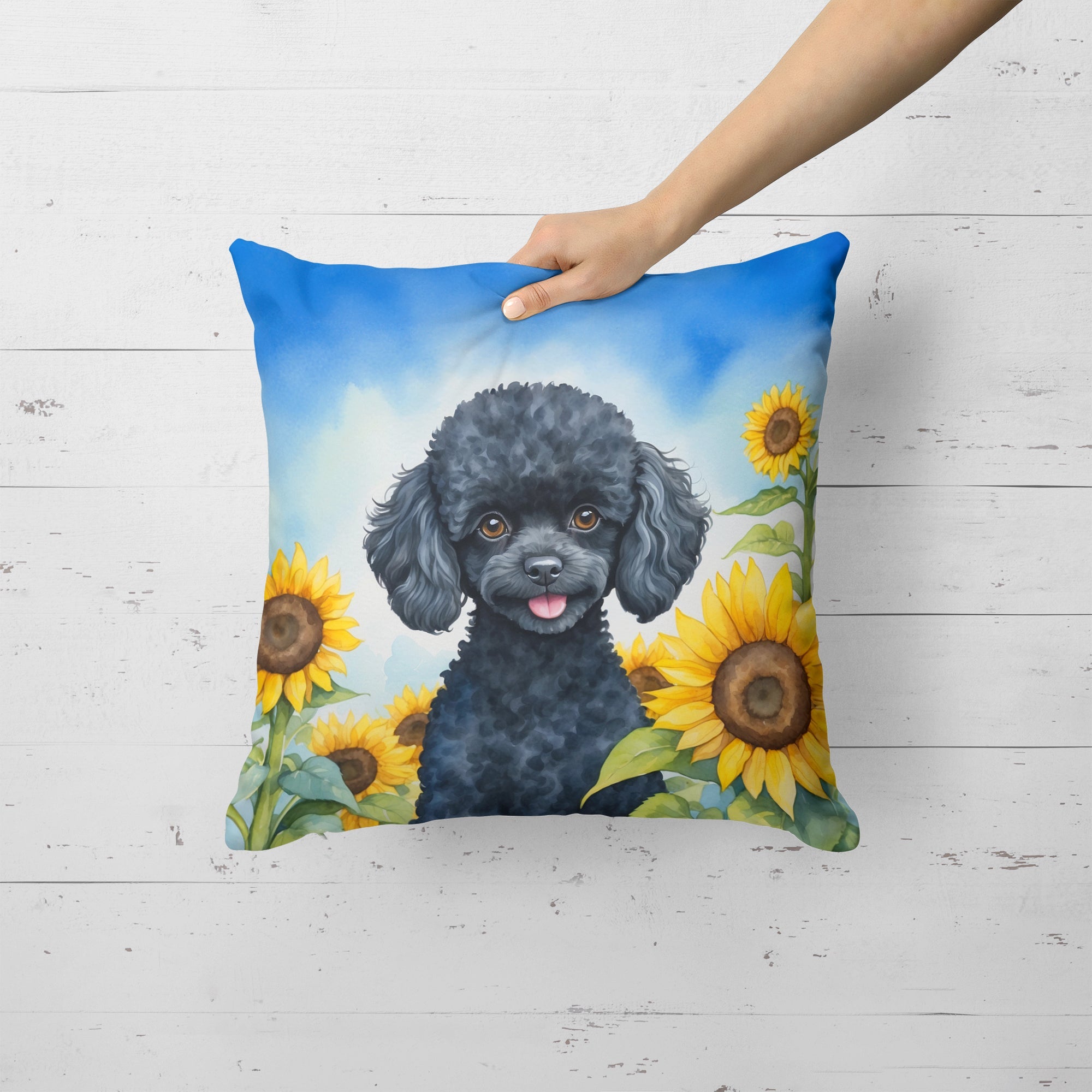 Black Poodle in Sunflowers Decorative Throw Pillow 18x18 Indoor Outdoor Accent Cushion, Fabric Cover with Insert for Sofa, Bed, Porch & Living Room