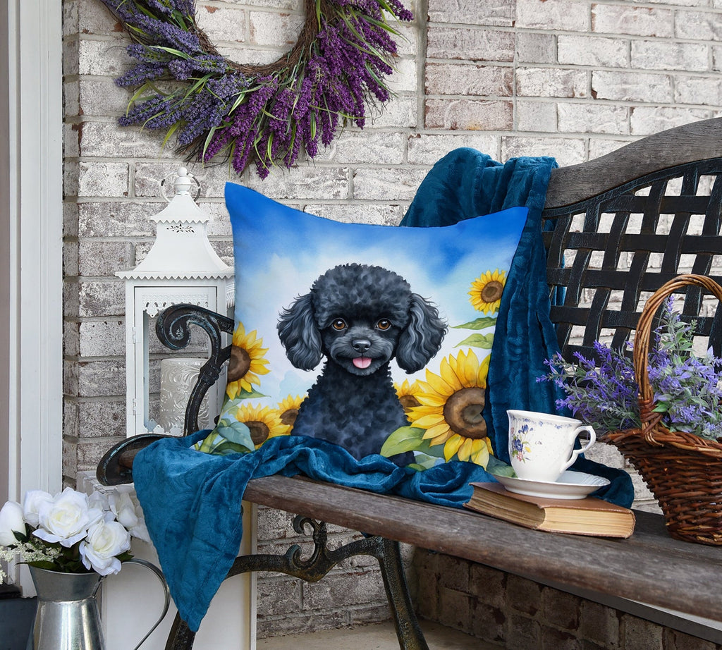 Black Poodle in Sunflowers Decorative Throw Pillow 18x18 Indoor Outdoor Accent Cushion, Fabric Cover with Insert for Sofa, Bed, Porch & Living Room