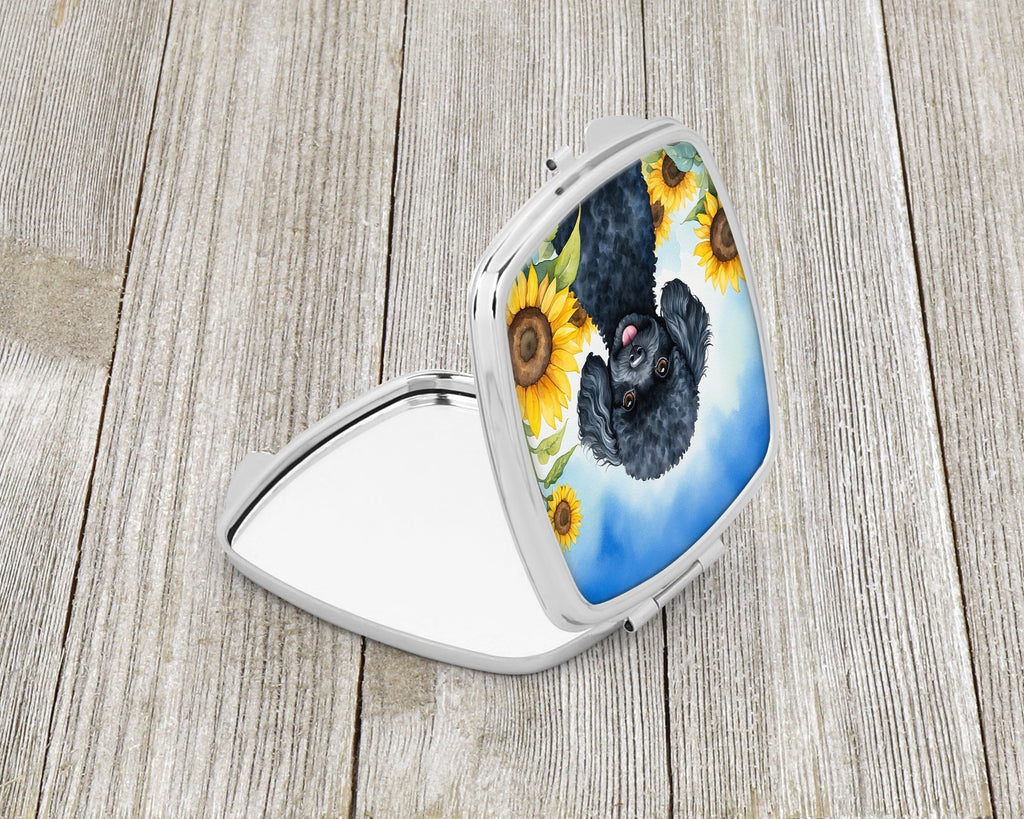 Black Poodle in Sunflowers Compact Mirror Decorative Travel Makeup Mirror for Women Girls Gifts Pocket Makeup Mirror Folding Handheld
