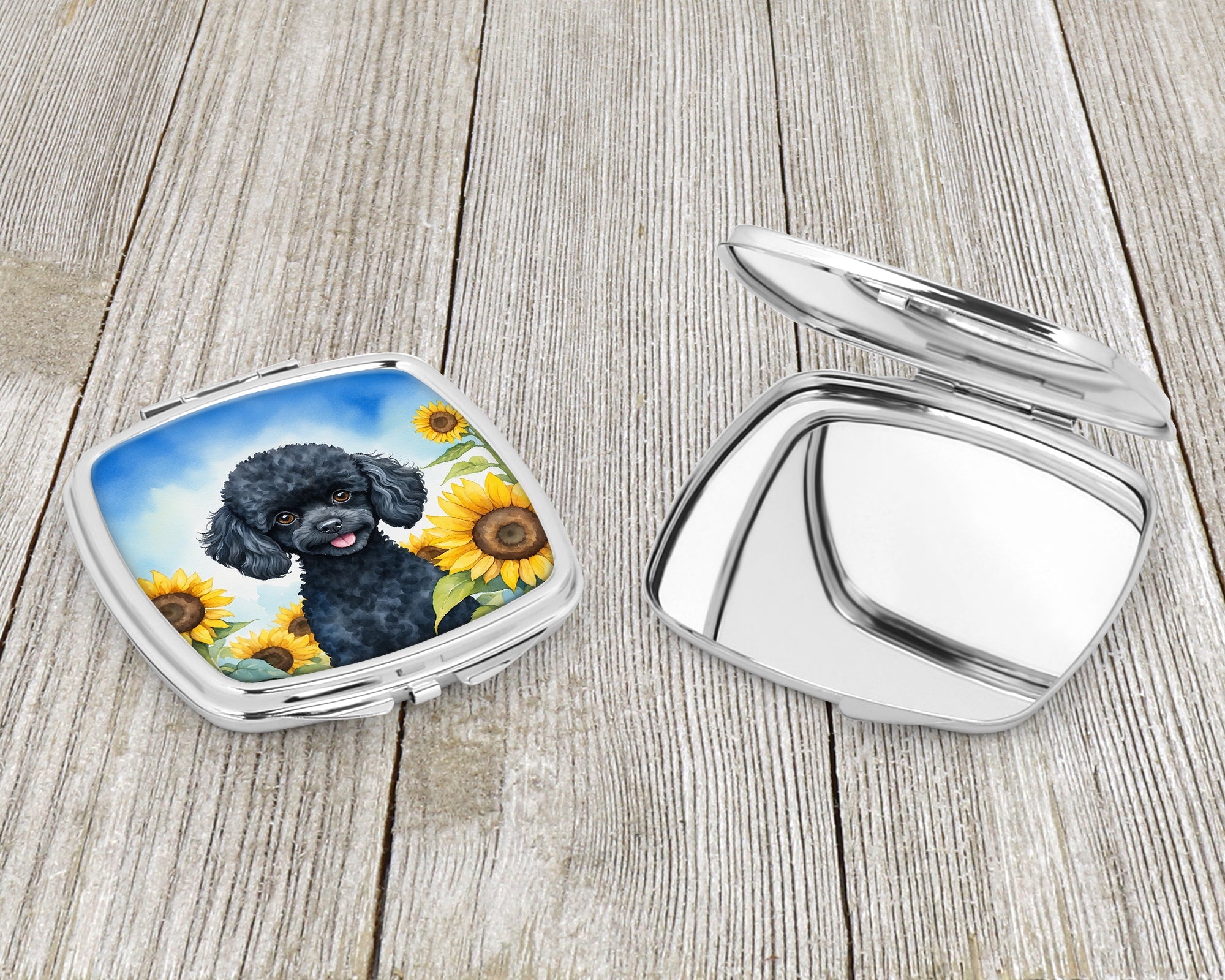 Black Poodle in Sunflowers Compact Mirror Decorative Travel Makeup Mirror for Women Girls Gifts Pocket Makeup Mirror Folding Handheld