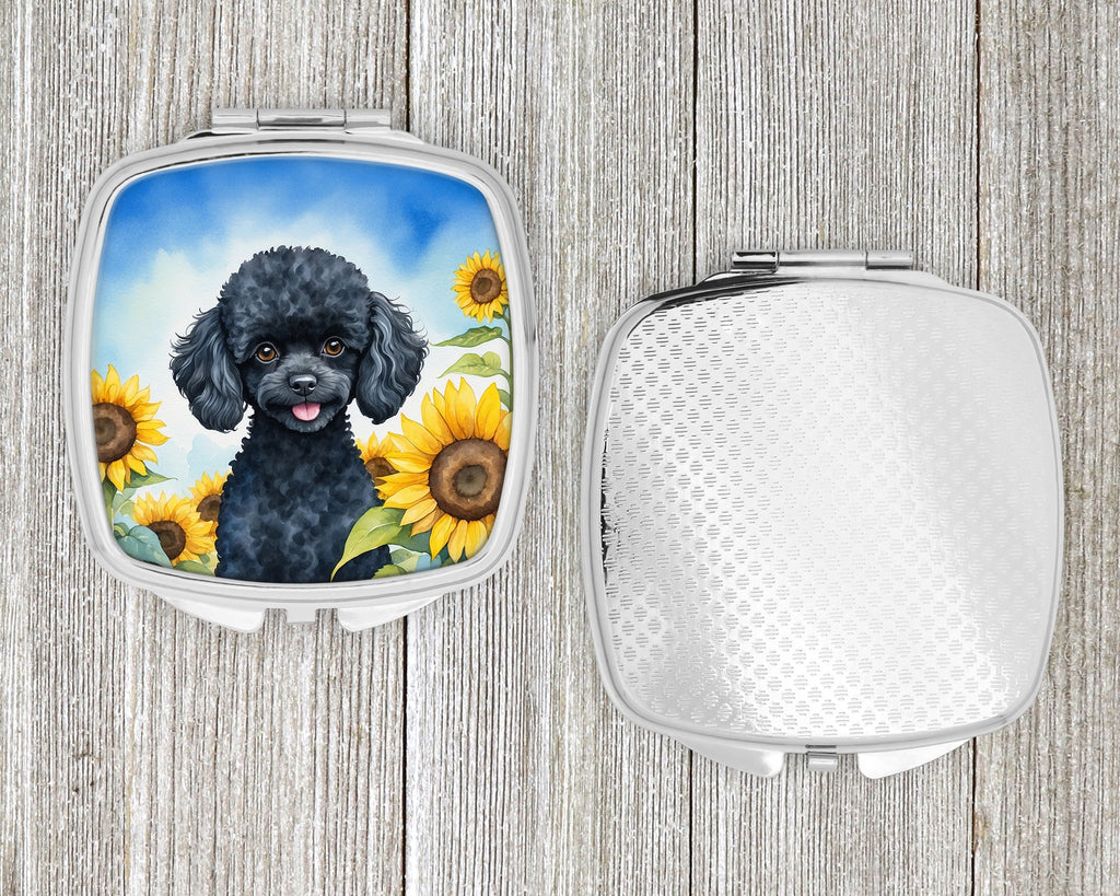 Black Poodle in Sunflowers Compact Mirror Decorative Travel Makeup Mirror for Women Girls Gifts Pocket Makeup Mirror Folding Handheld