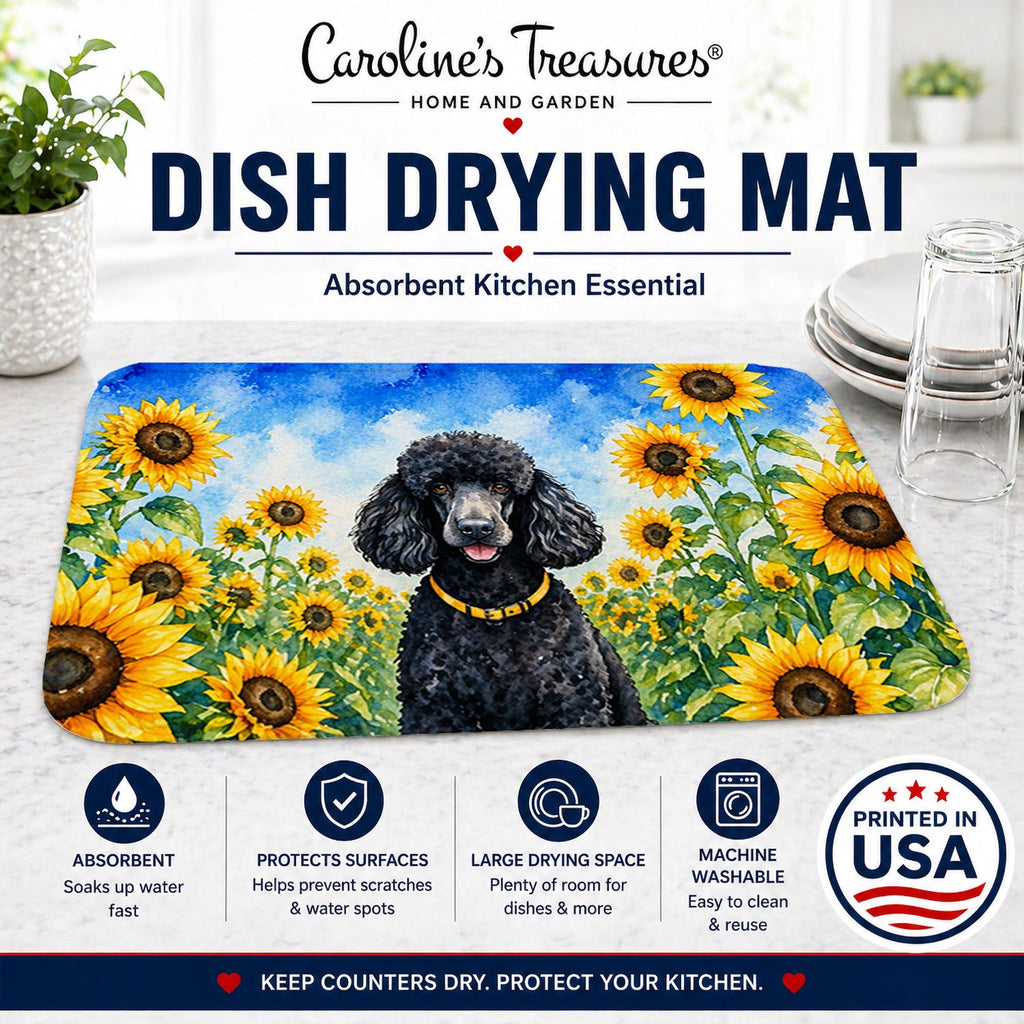 Black Poodle in Sunflowers Dish Drying Mat Absorbent Dish Drying Mat Pad for Kitchen Counter Dish Drainer Mat for Countertop, 14 x 21", Multicolor