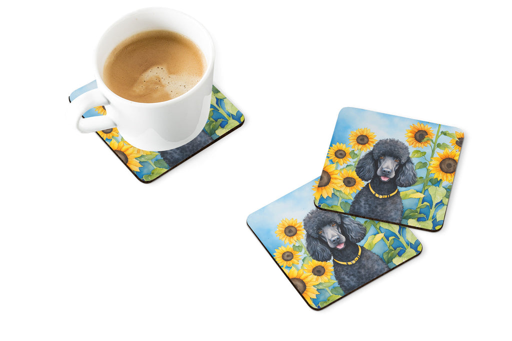 Black Poodle in Sunflowers Foam Coasters Set of 4 Cup Coasters for Indoor Outdoor, Tabletop Protection, Anti Slip, Mouse pad Material