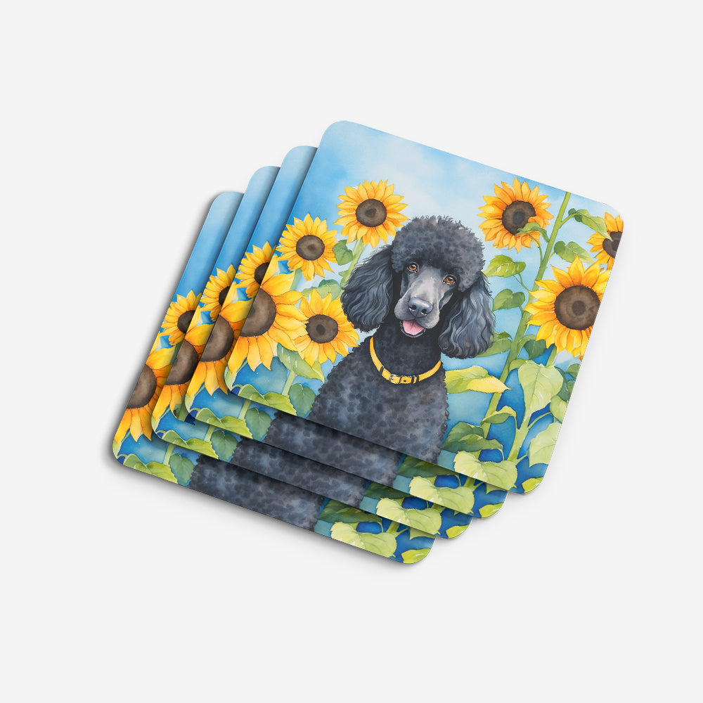 Black Poodle in Sunflowers Foam Coasters Set of 4 Cup Coasters for Indoor Outdoor, Tabletop Protection, Anti Slip, Mouse pad Material