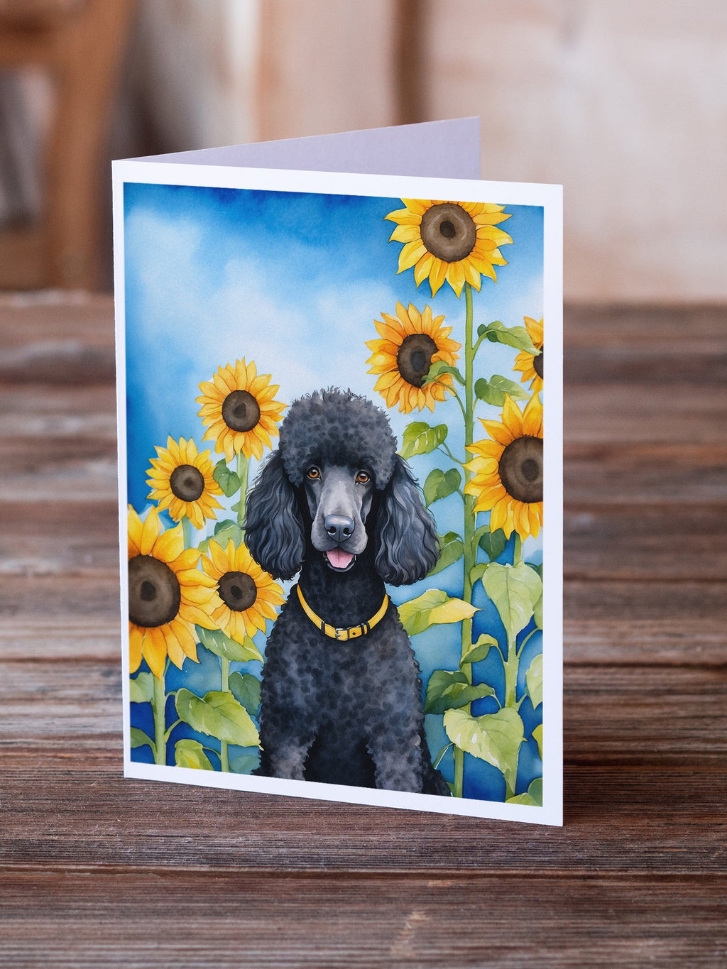 Black Poodle in Sunflowers Greeting Cards Pack of 8 Blank Cards with Envelopes Whimsical A7 Size 5x7