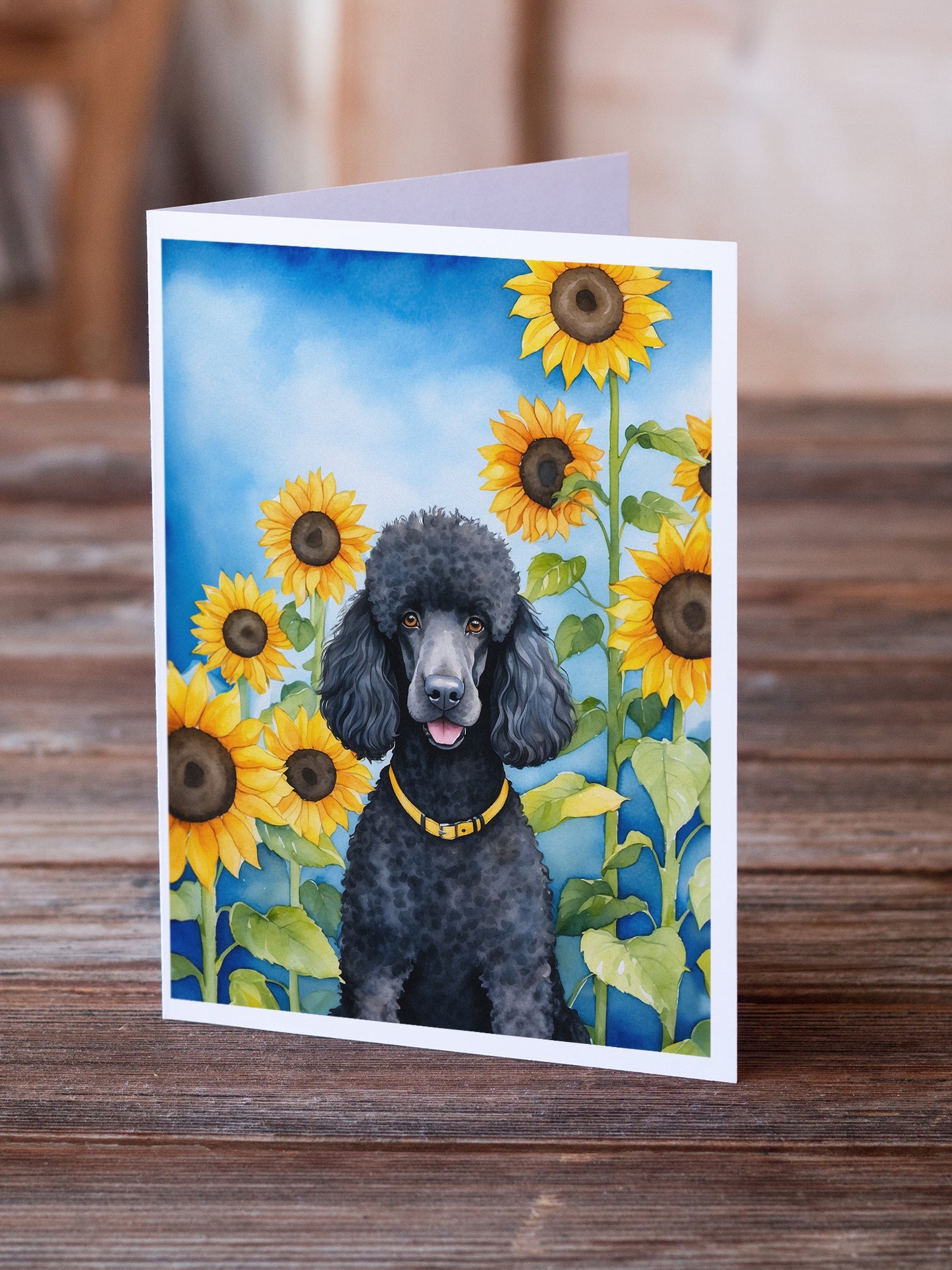 Black Poodle in Sunflowers Greeting Cards Pack of 8 Blank Cards with Envelopes Whimsical A7 Size 5x7