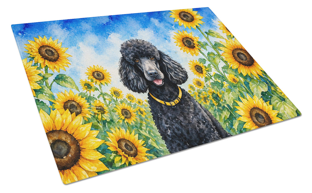 Black Poodle in Sunflowers Cutting Board Tempered Glass Kitchen Cutting Surface, Heat Resistant Chopping Board with Non-Slip Feet, Decorative Food Prep & Serving