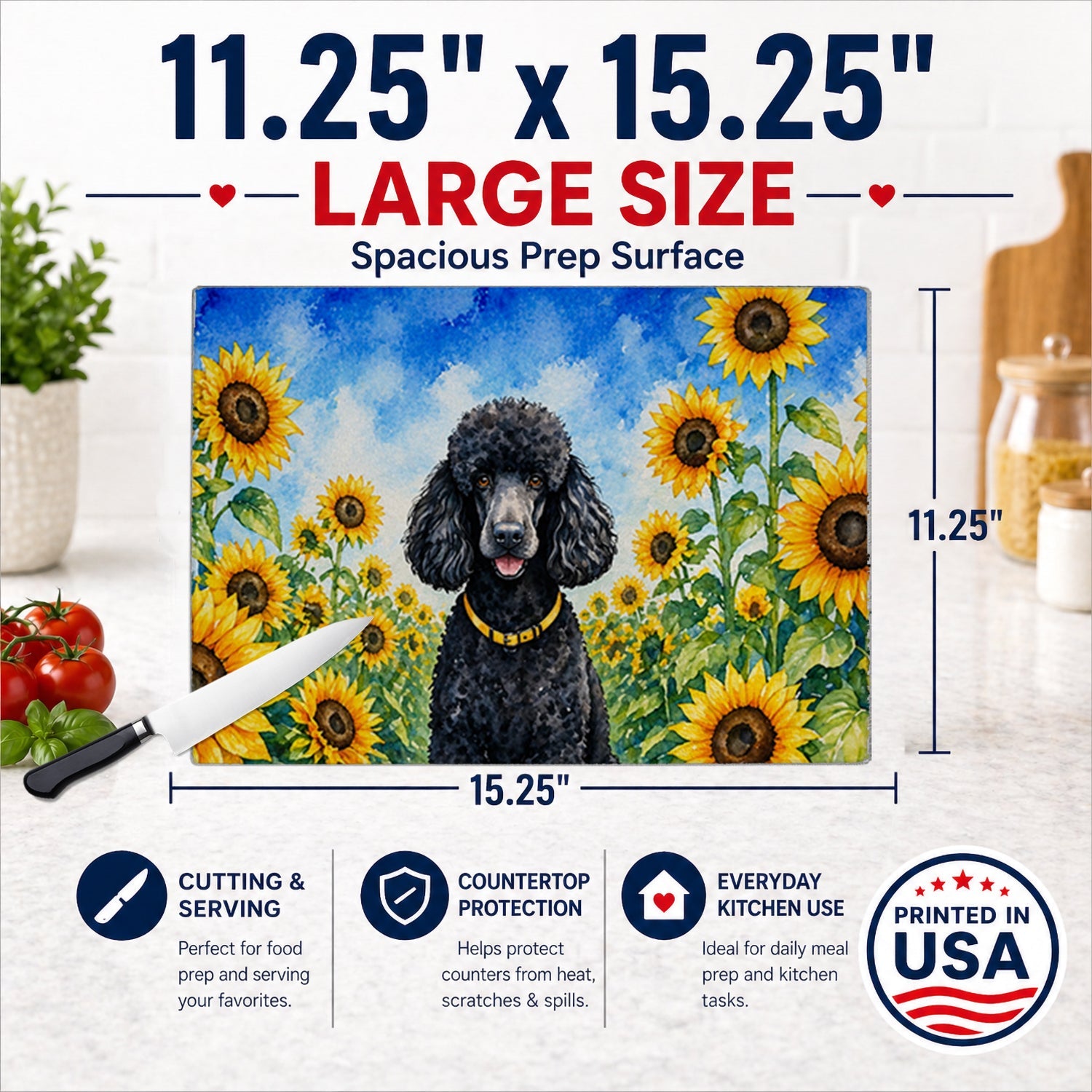 Black Poodle in Sunflowers Cutting Board Tempered Glass Kitchen Cutting Surface, Heat Resistant Chopping Board with Non-Slip Feet, Decorative Food Prep & Serving