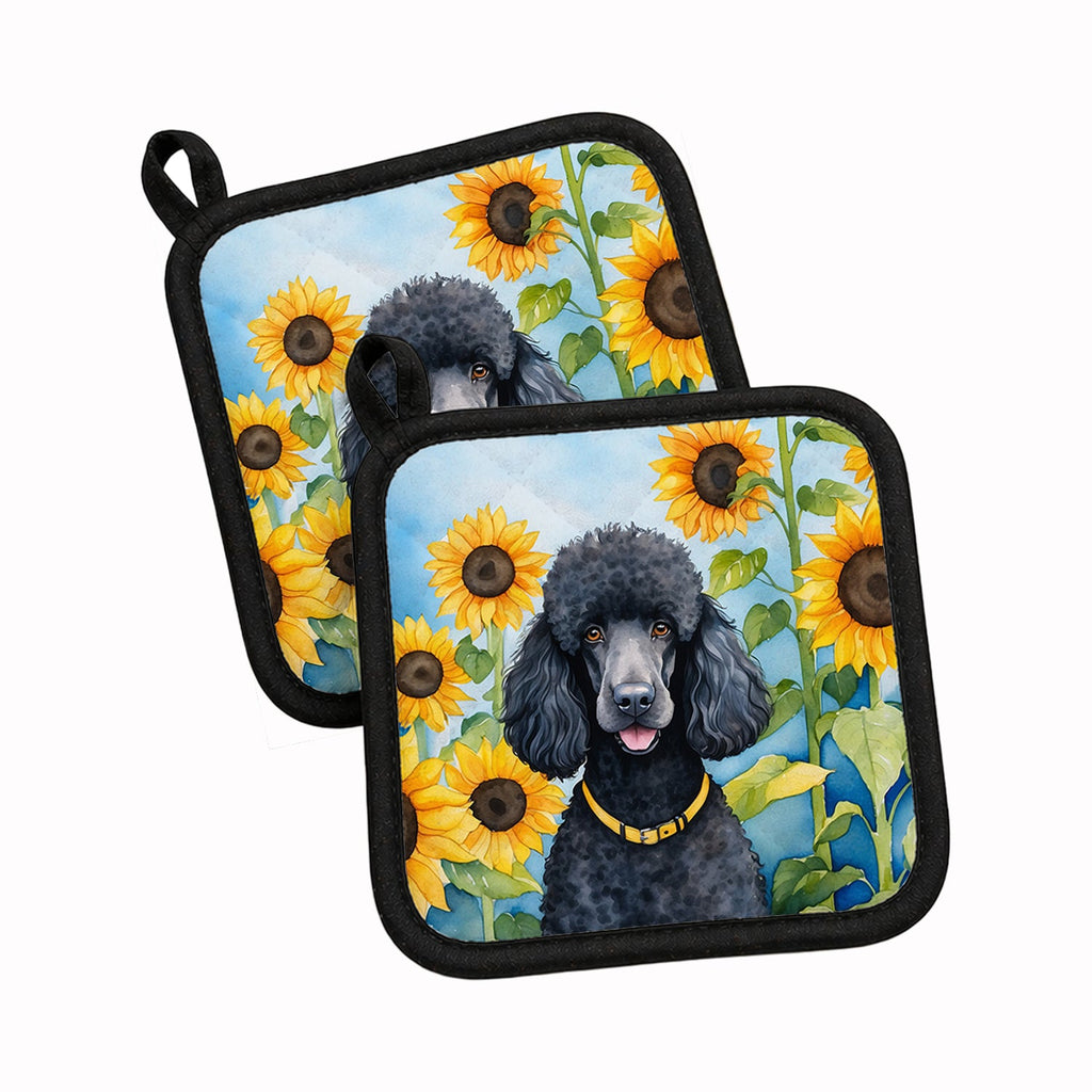 Black Poodle in Sunflowers Pot Holder Set of 2 Heat Resistant Quilted Hot Pads 7.5 x 7.5 Inch, Insulated Kitchen Trivets for Cooking & Baking